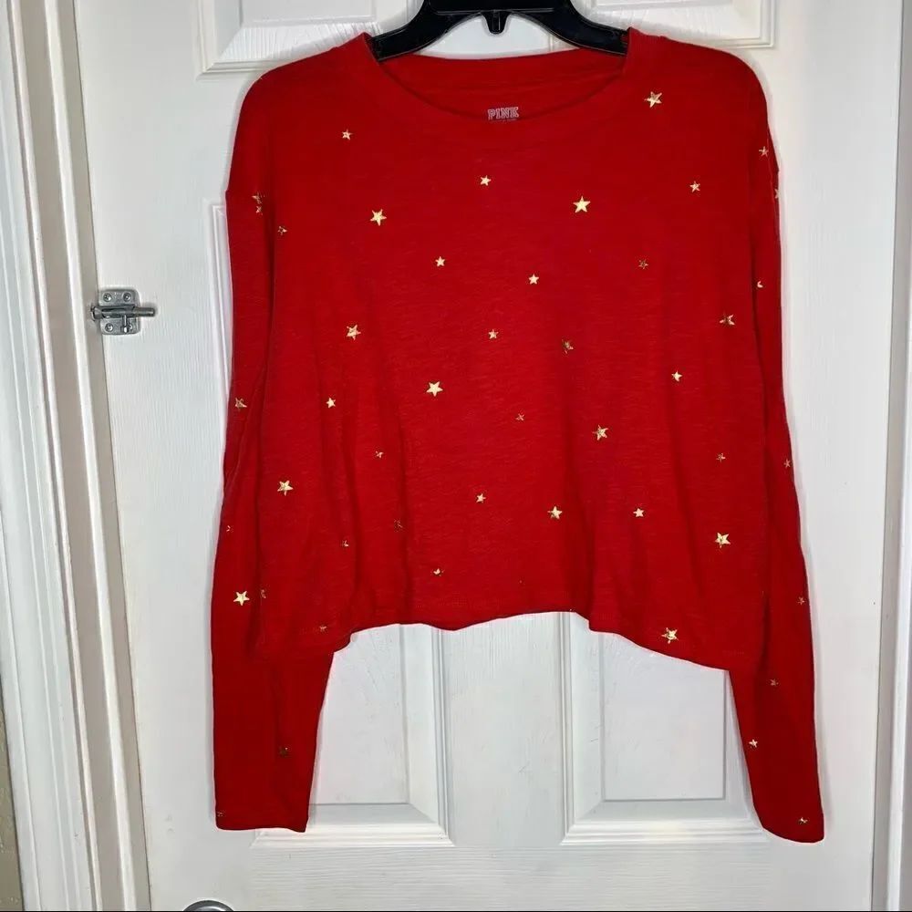 PINK Victoria’s Secret Size Large Red Gold Star Crop Top Long Sleeve